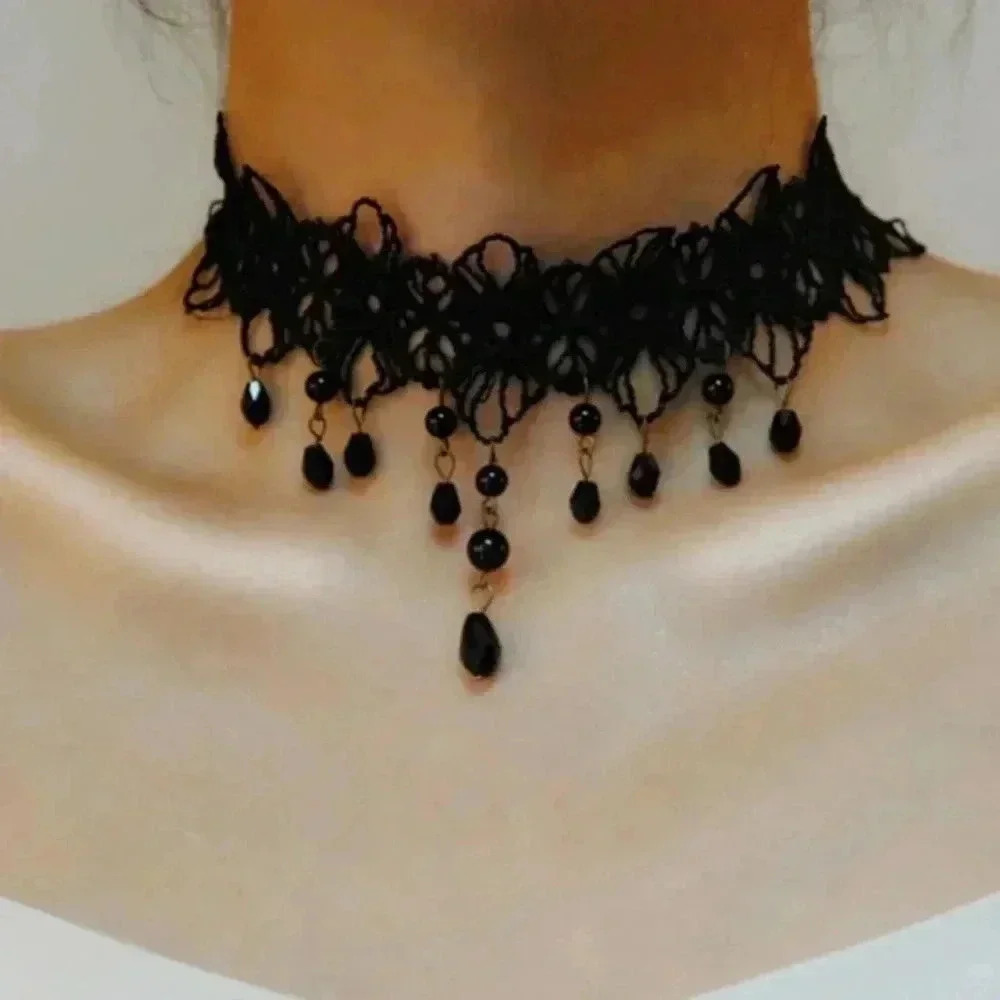 Black gothic lace and beaded tassel choker necklace Halloween classy formal